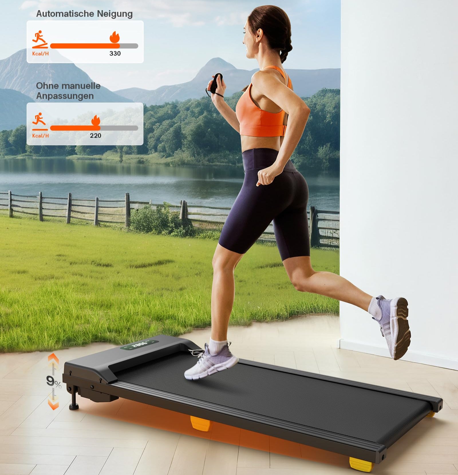 UREVO Walking Pad mit 9% Steigung, leises Laufband Schreibtisch mit Sechs-Punkt-Stoßdämpfung, 2,5 Pferdestärken Laufband für Zuhause/Büro, Fernbedienung, Keine Montage Erforderlich